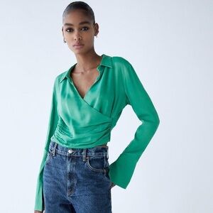 NWT Zara Satin Crop Blouse Womens XS Long Sleeve Green Surplice Lapel